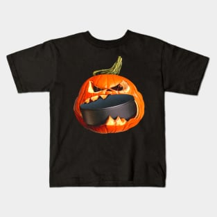 Halloween Hockey Pumpkin Eating a Puck Kids T-Shirt